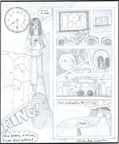 Comic book-style visual story of a girl rushing to get to school on time.